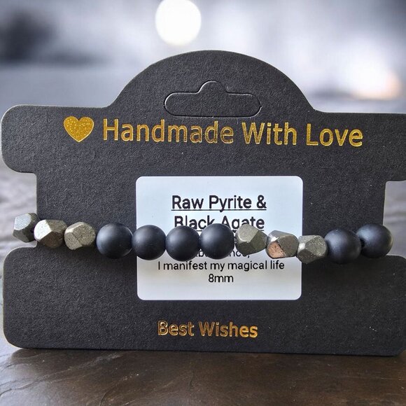 Handmade ✦ Raw Pyrite & Black Agate Bracelet ✦ 8mm Gemstone Beads Stretch Fit - Picture 1 of 8